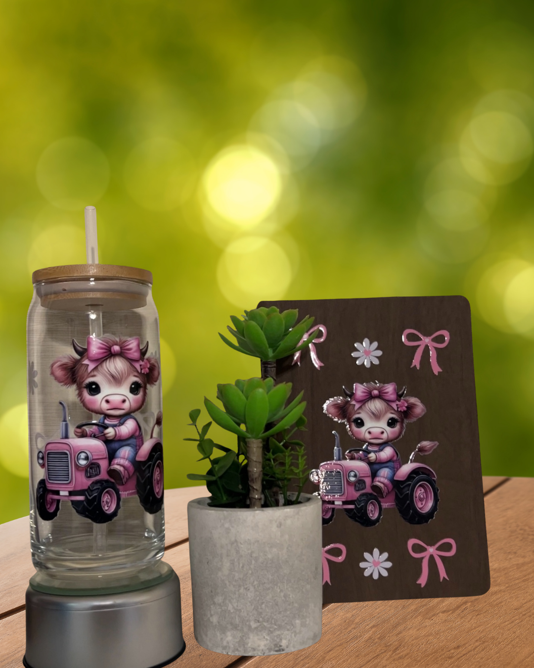 Pink Tractor & Baby Cow Bundle 24oz Glass Tumbler and Journal