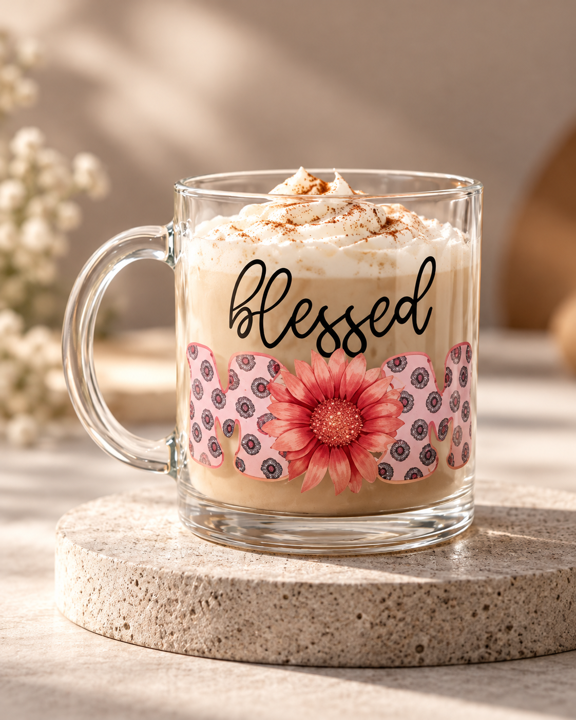 Blessed Mom 17oz Glass Coffee Mug – Mother's Day Gift
