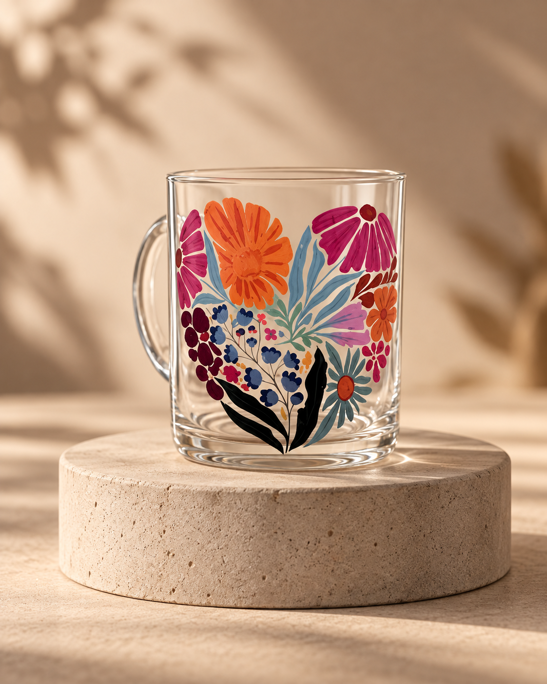 Colorful Floral Heart 17oz Glass Coffee Mug – Gift for Her