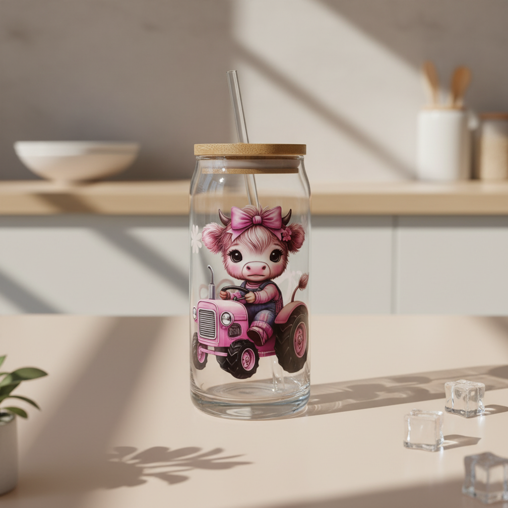 Pink Tractor with Baby Cow 20oz Glass Tumbler 🐄💗