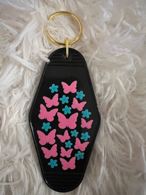 Butterflies and Flowers Retro Motel Keychain