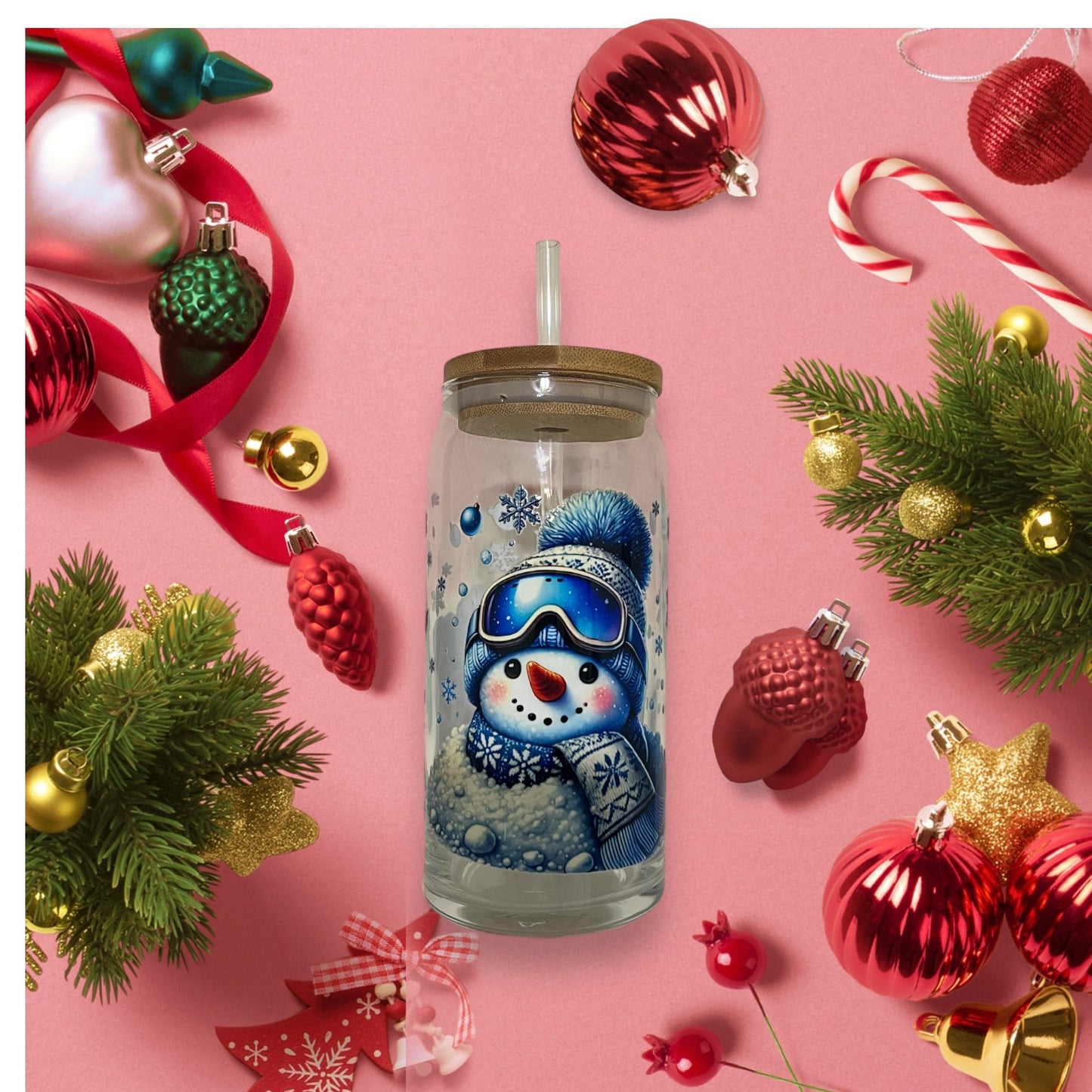 Blue Snowman 20oz Glass Tumbler