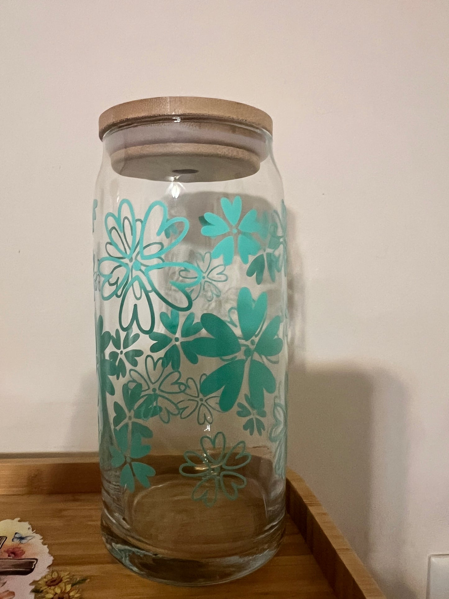 Teal Flowers 20oz Glass Tumbler