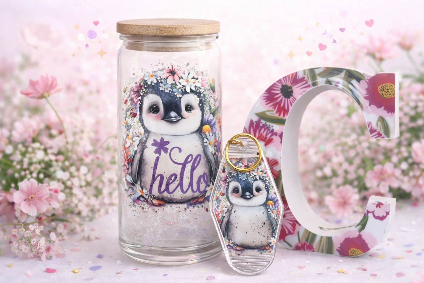 16oz Floral Penguin Glass Tumbler with Bamboo Lid