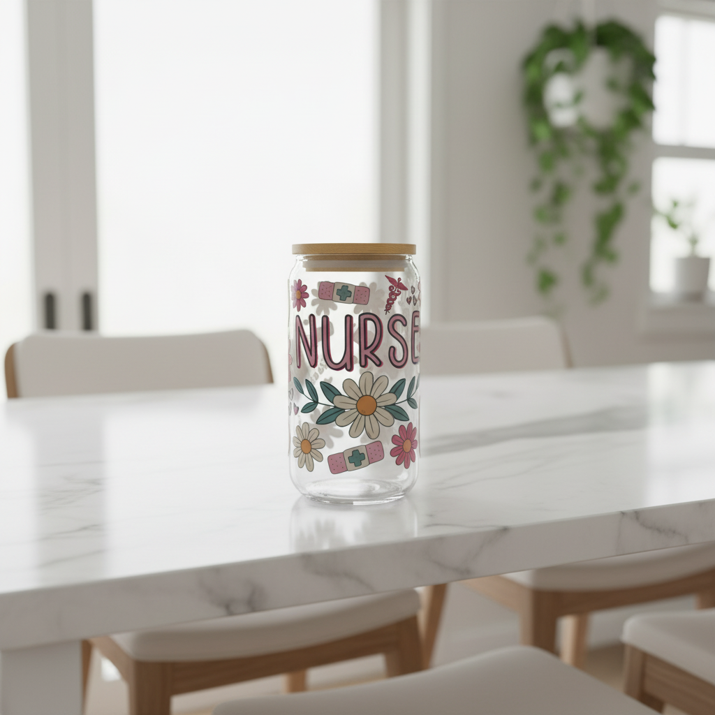 Nurse Flowered 16oz Glass Tumbler
