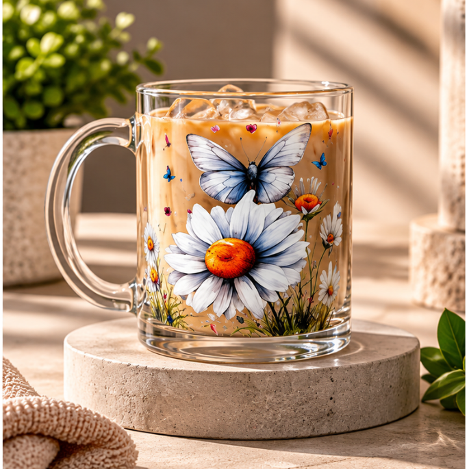 White Daisy Butterfly 17oz Glass Coffee Mug – Floral Gift