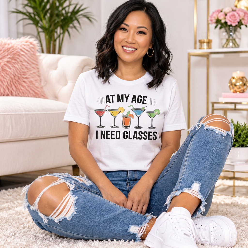 Model wearing the white At My Age I Need Glasses cocktail graphic T-shirt with distressed jeans and white sneakers