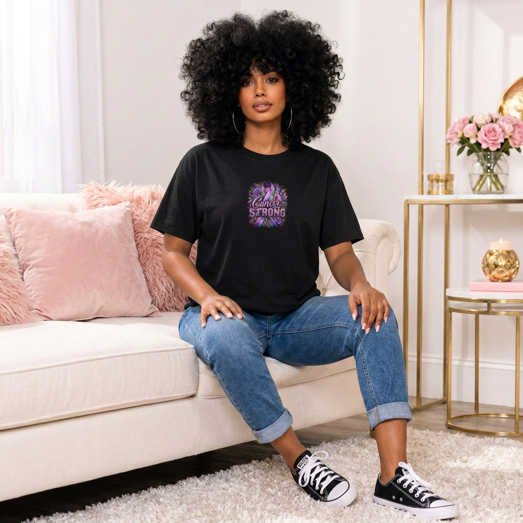Seated model wearing black Cancer Strong T-shirt with smaller centered chest print and black sneakers