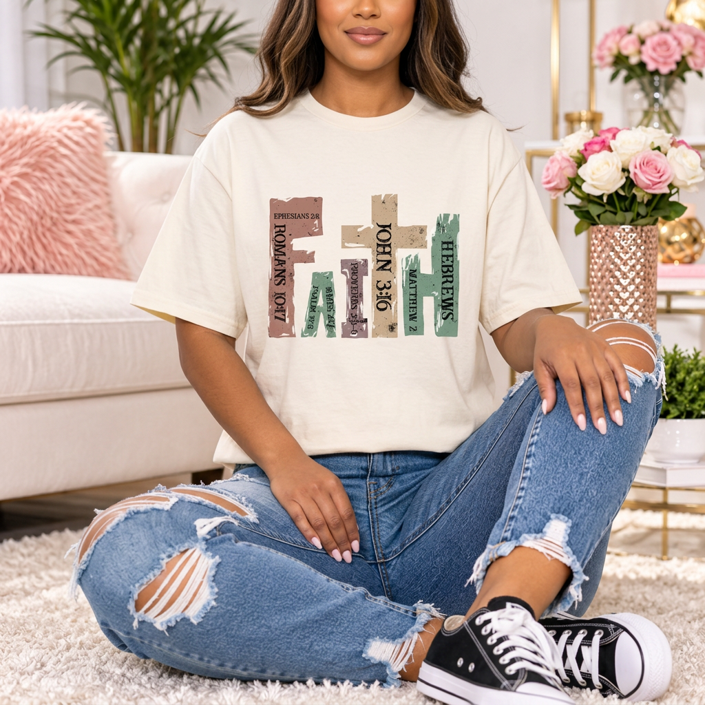 Seated model wearing cream Retro Faith T-shirt with smaller chest print and black sneakers