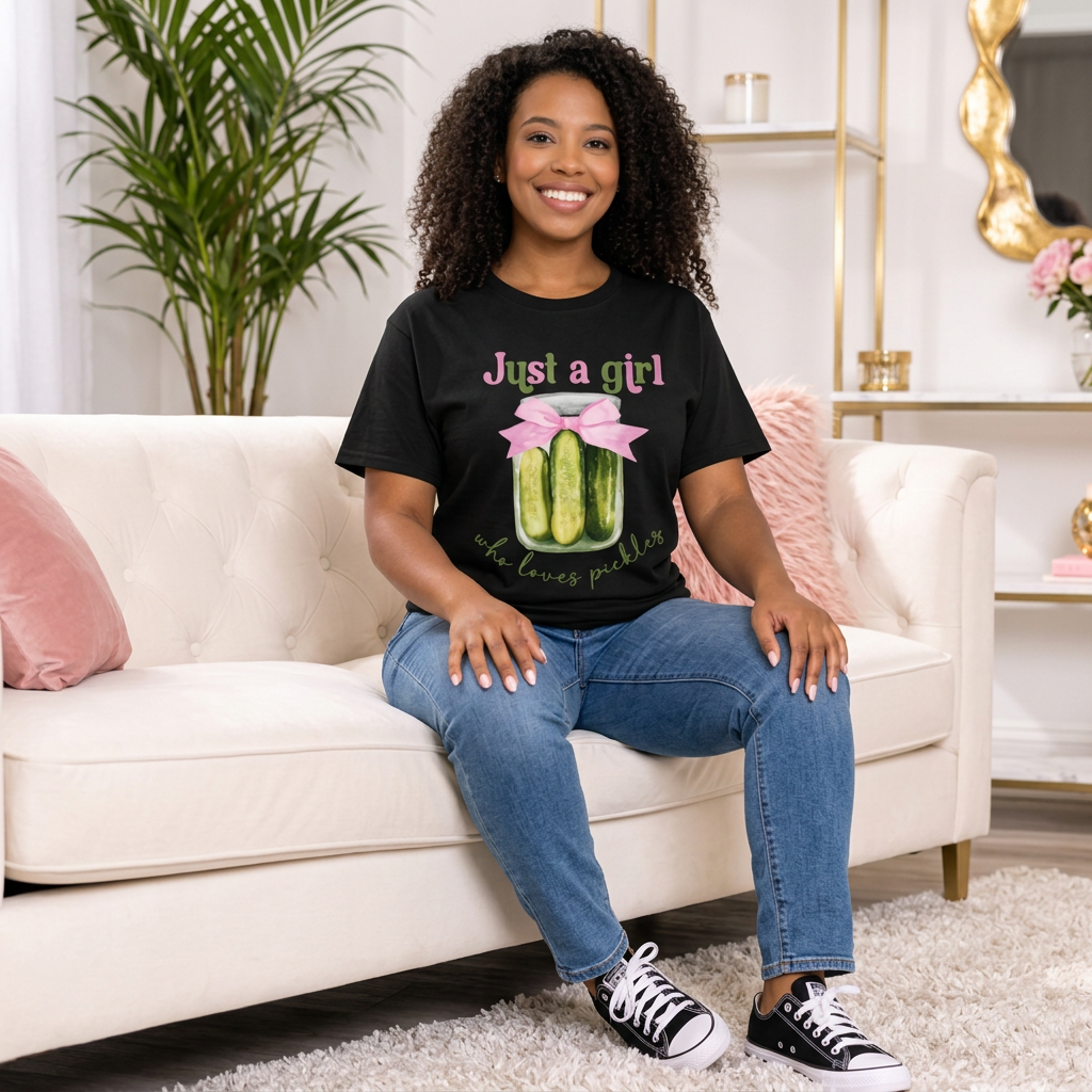 Seated model wearing black Just a Girl Who Loves Pickles T-shirt with jeans and black sneakers on an ivory sofa