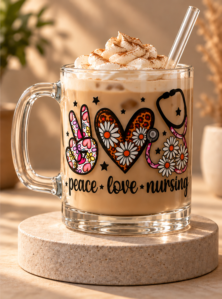 Peace Love Nursing 17oz Glass Coffee Mug | Nurse Appreciation Gift
