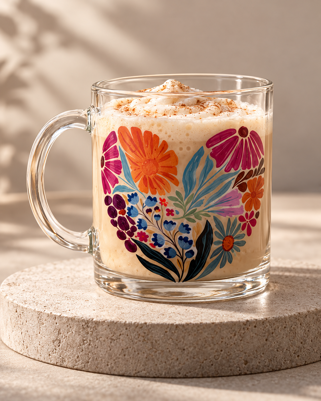Colorful Floral Heart 17oz Glass Coffee Mug – Gift for Her