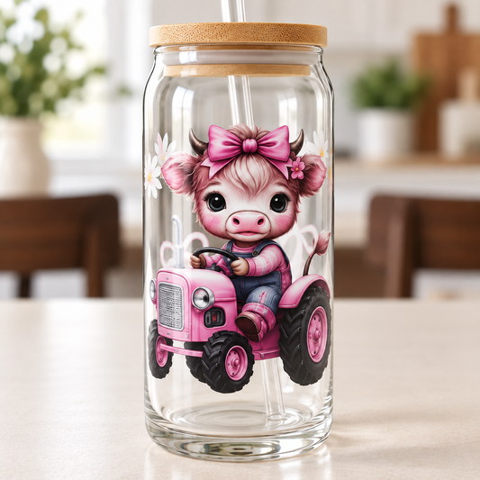 Pink Tractor with Baby Cow 20oz Glass Tumbler 🐄💗