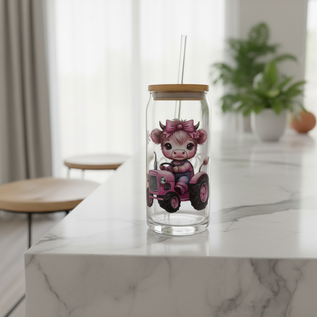 Pink Tractor with Baby Cow 20oz Glass Tumbler 🐄💗