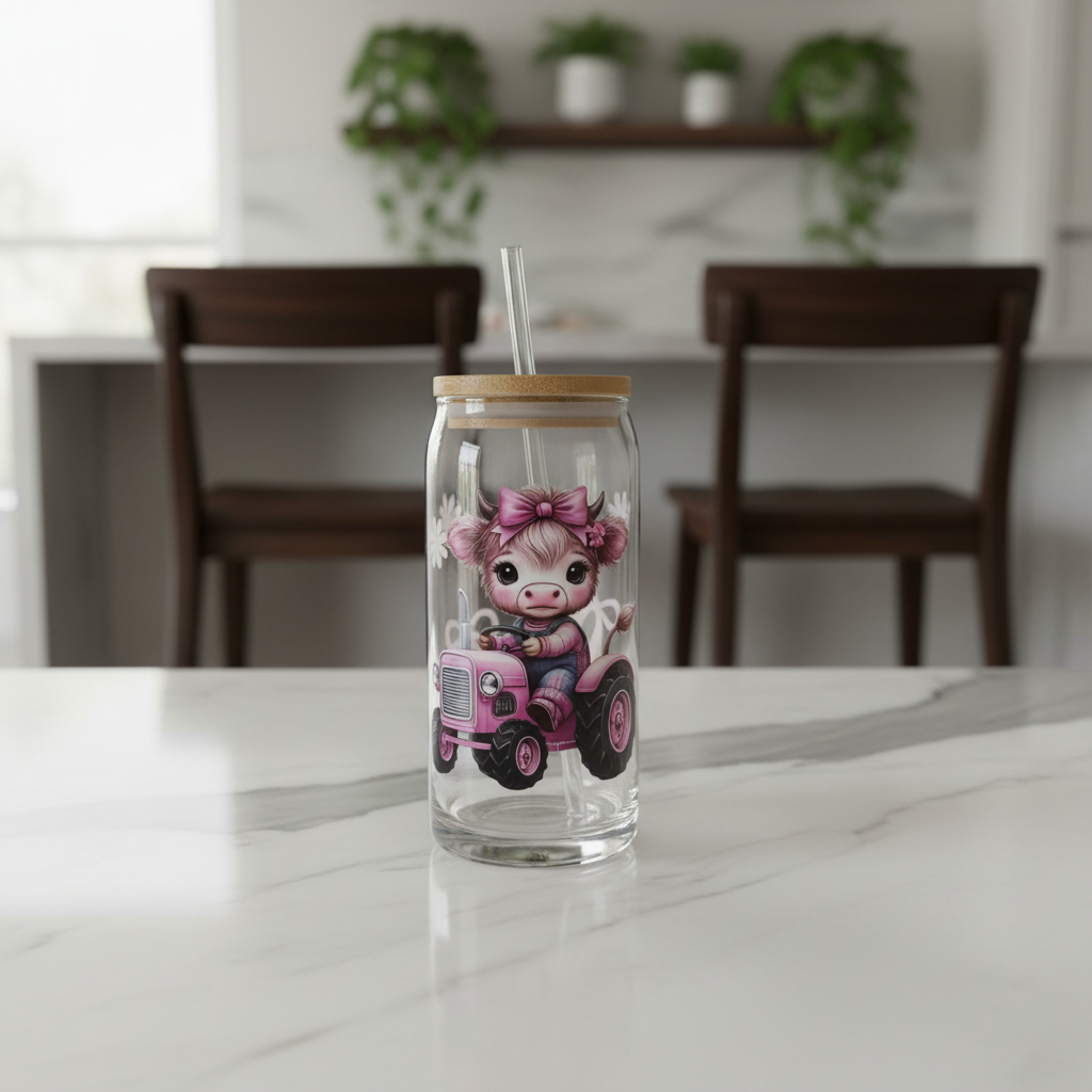 Pink Tractor with Baby Cow 20oz Glass Tumbler 🐄💗