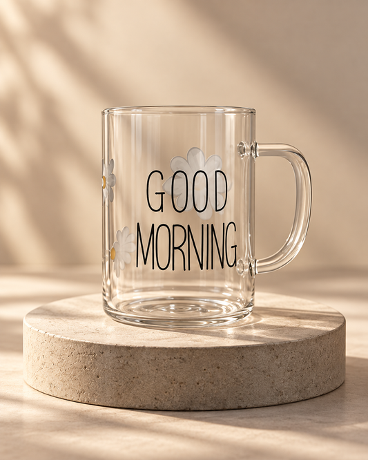 Good Morning Daisy Glass Coffee Mug – Cute Floral Coffee Cup
