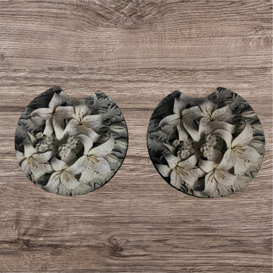 White Lilly Car Coasters (Set of Two)