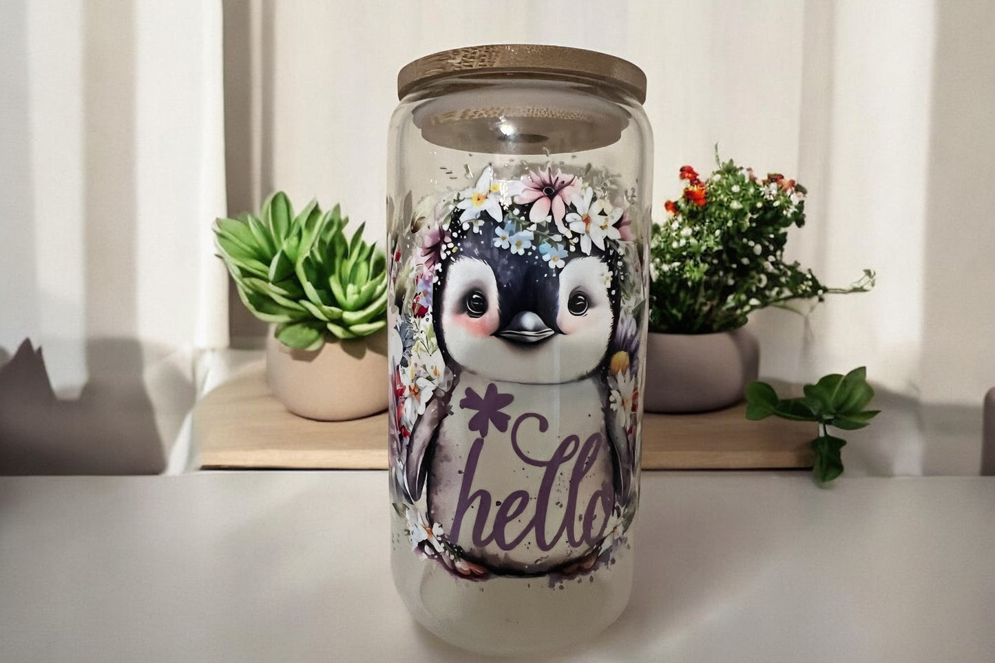 Hello Penguin 16oz Glass Tumbler