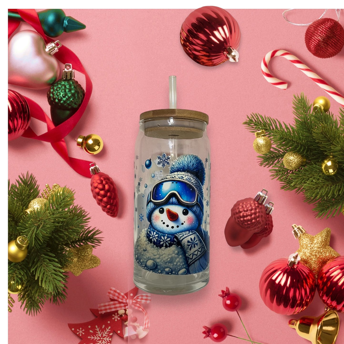 Blue Snowman 20oz Glass Tumbler