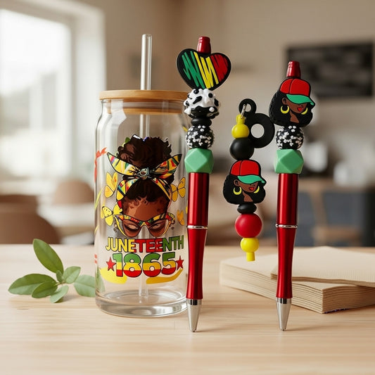 Juneteenth 1865 Celebration Bundle | 20 oz Glass Tumbler, Beaded Pens & Cup Charm