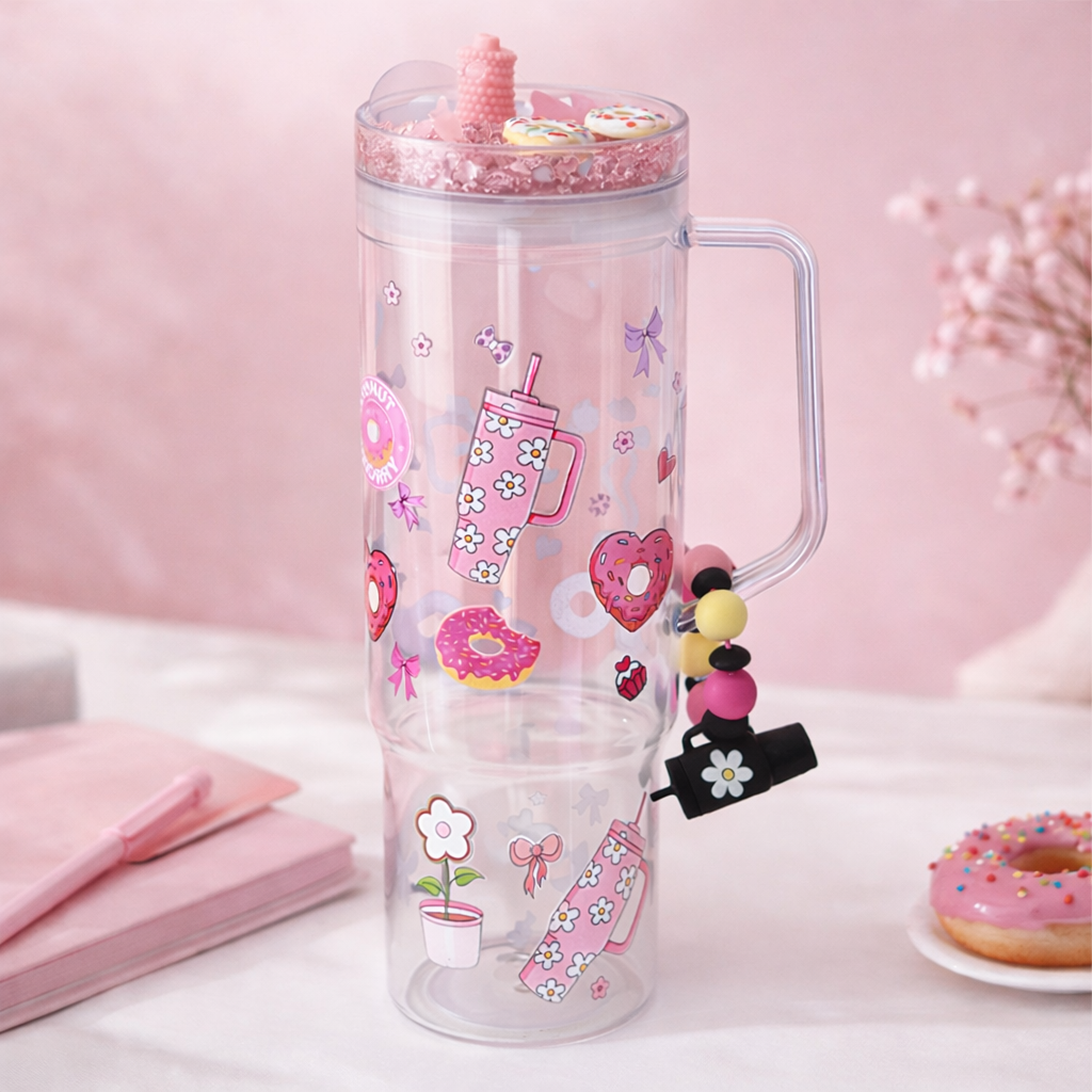 Sweet Sprinkle Donut 40oz Acrylic Tumbler with Handle & Bead Charm – Pink Floral Iced Coffee Cup
