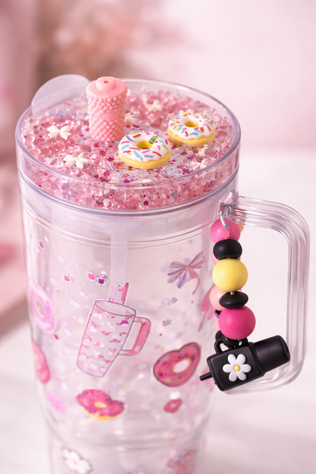 Sweet Sprinkle Donut 40oz Acrylic Tumbler with Handle & Bead Charm – Pink Floral Iced Coffee Cup