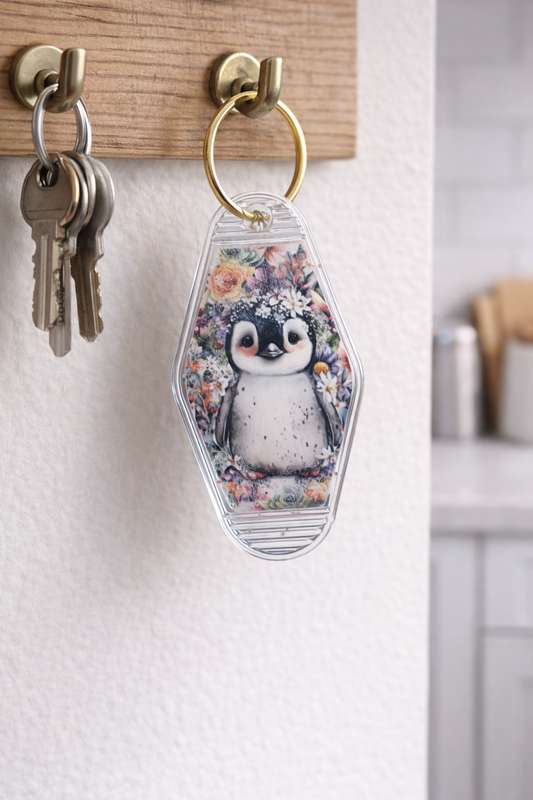 Floral Penguin Motel Keychain – Cute Acrylic Penguin Key Ring