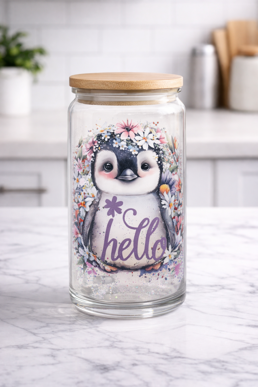 Floral Penguin Gift Bundle – 16oz Glass Tumbler with Bamboo Lid & Matching Acrylic Penguin Keychain,