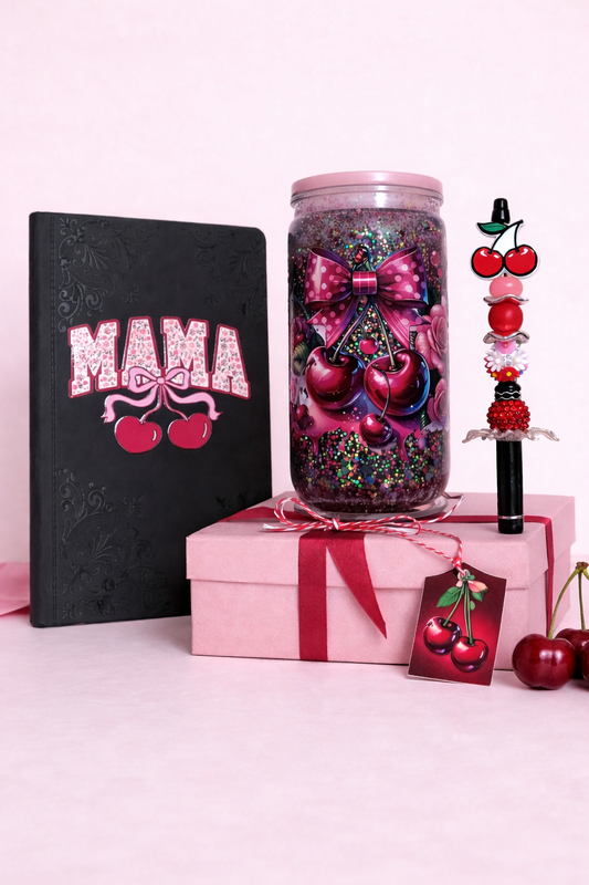 Cherry Mama Gift Bundle – 16oz Glitter Glass Tumbler, Cherry Beadable Pen & Embossed Journal Set