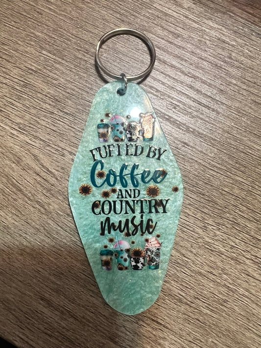 Fueled by Coffee and Country Music Retro Motel Keychain