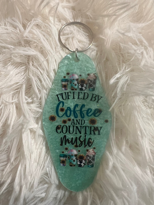 Fueled by Coffee and Country Music Retro Motel Keychain