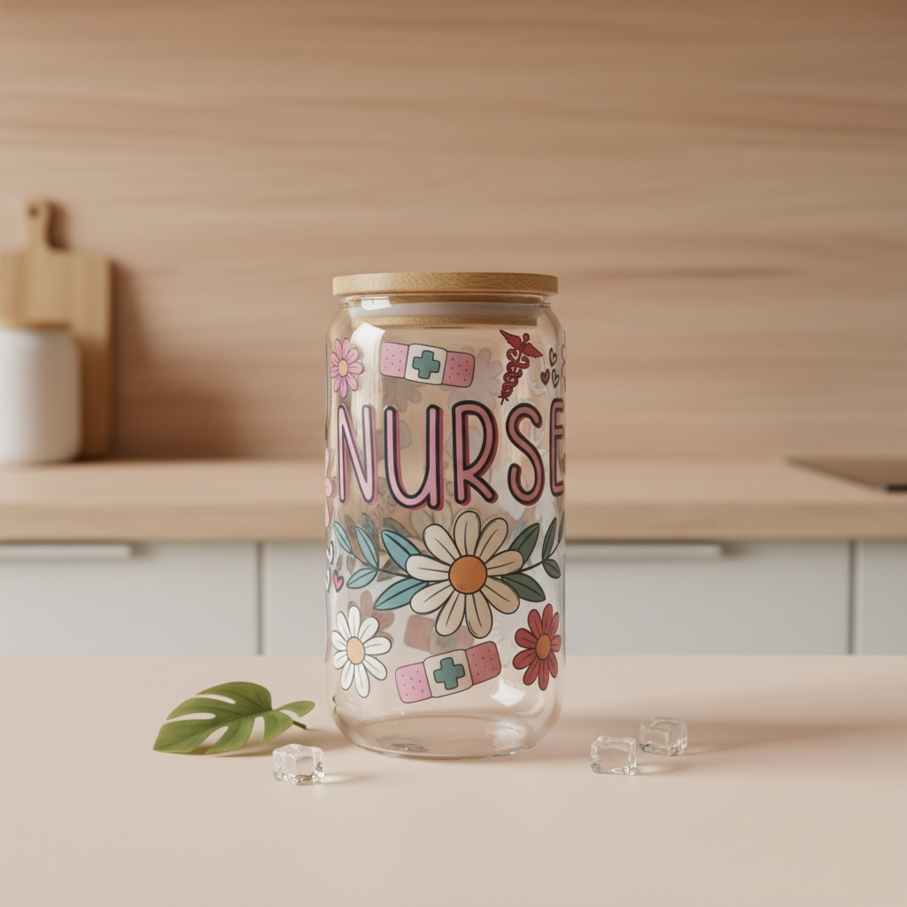 Nurse Flowered 16oz Glass Tumbler