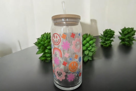 Smiley Faces, Rainbows and Flowers 20oz Glass Tumbler