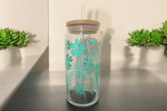 Teal Flowers 20oz Glass Tumbler