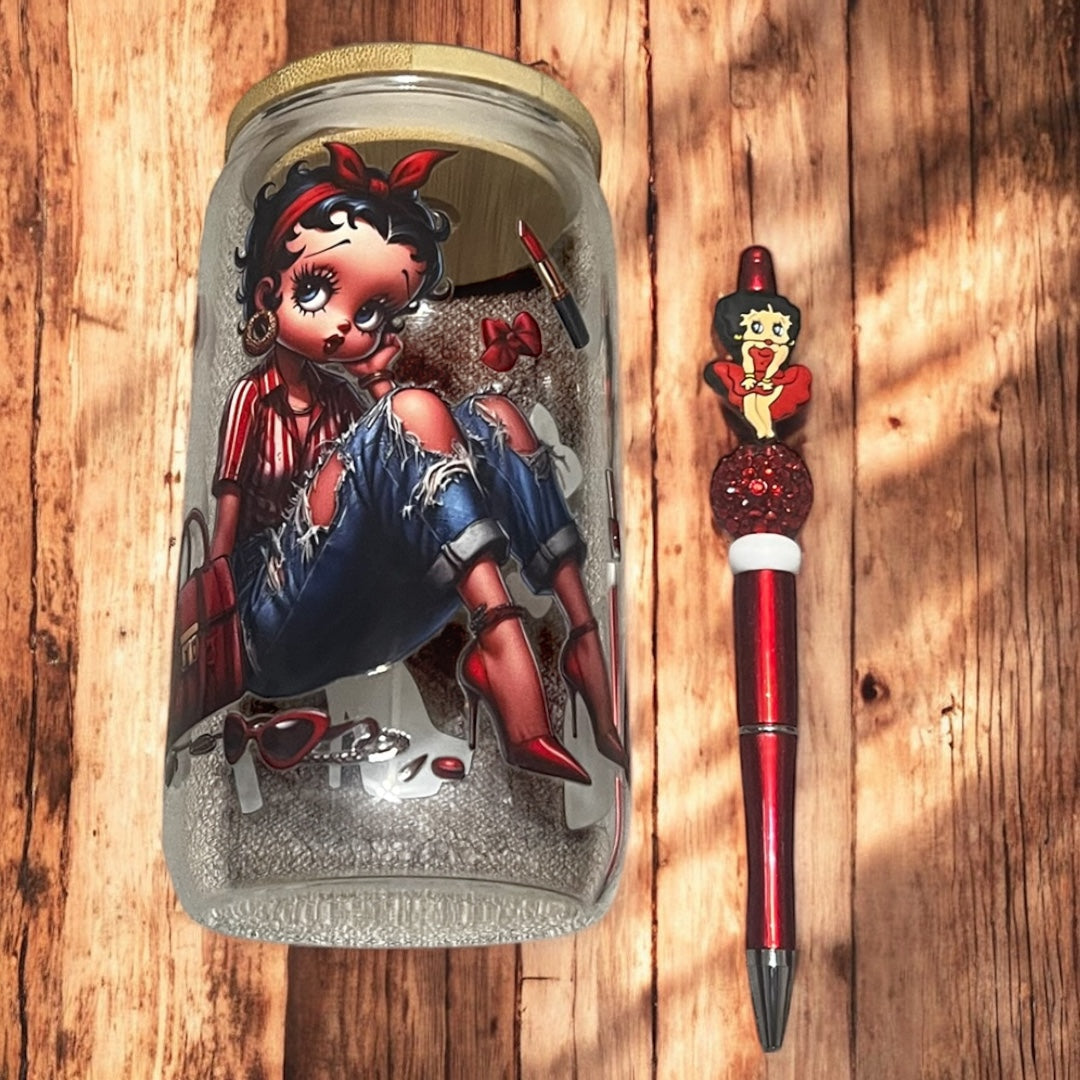 16oz Betty Boop Glass Tumbler + Matching Beadable Pen Set