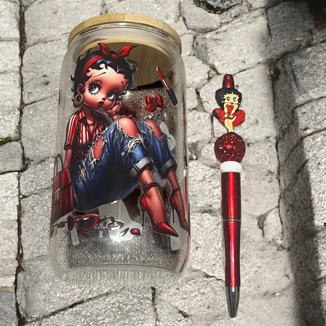 16oz Betty Boop Glass Tumbler + Matching Beadable Pen Set