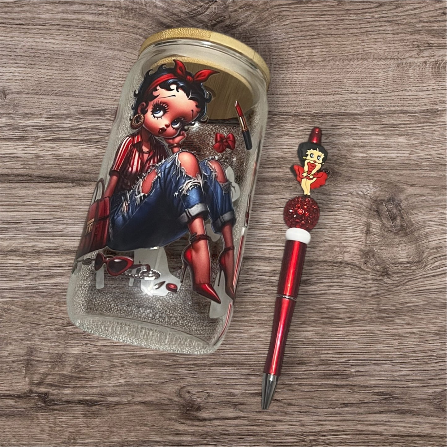 16oz Betty Boop Glass Tumbler + Matching Beadable Pen Set