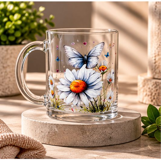 White Daisy Butterfly 17oz Glass Coffee Mug – Floral Gift
