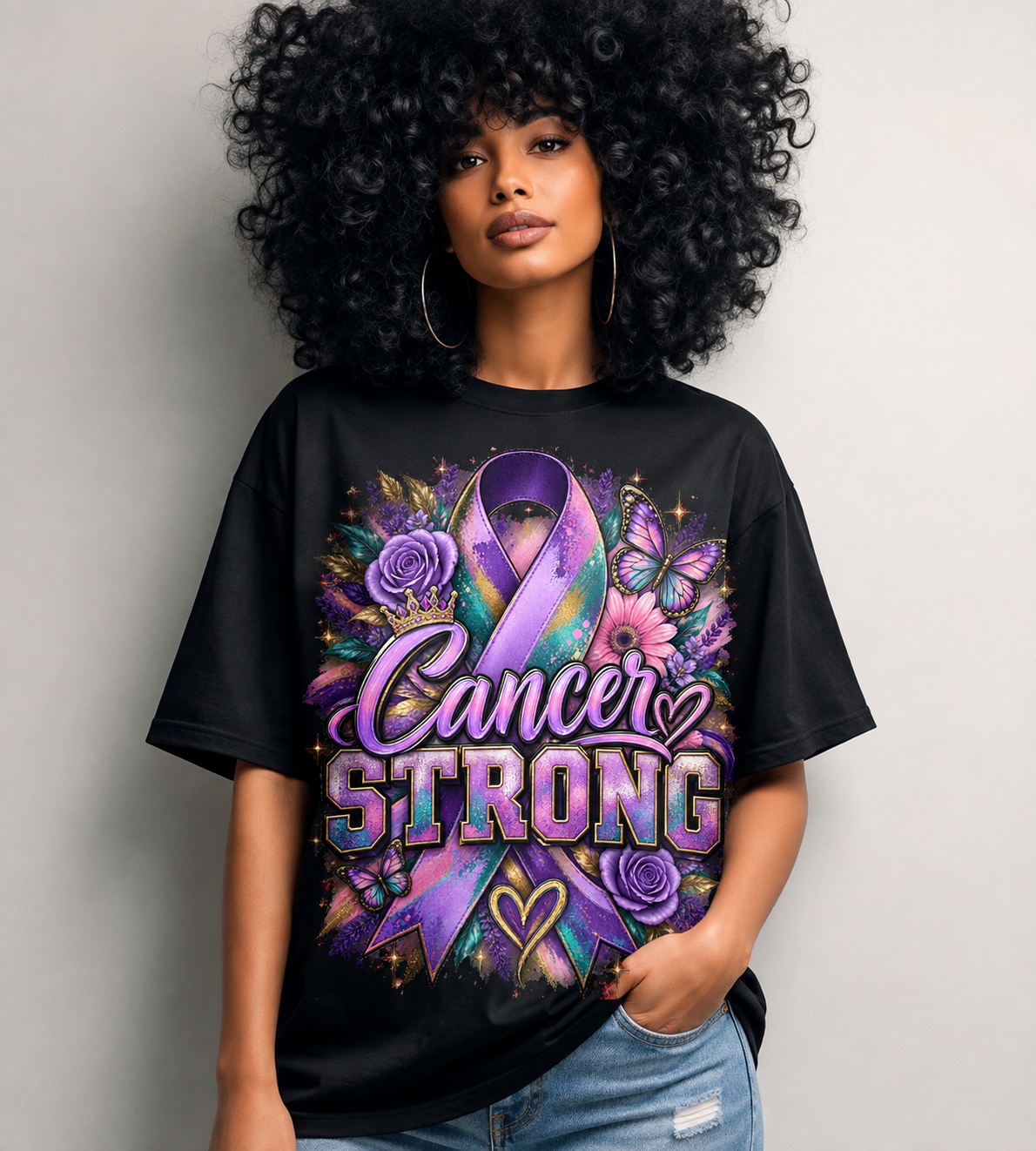 Cancer Strong Awareness T-Shirt – Purple Ribbon & Butterfly Graphic