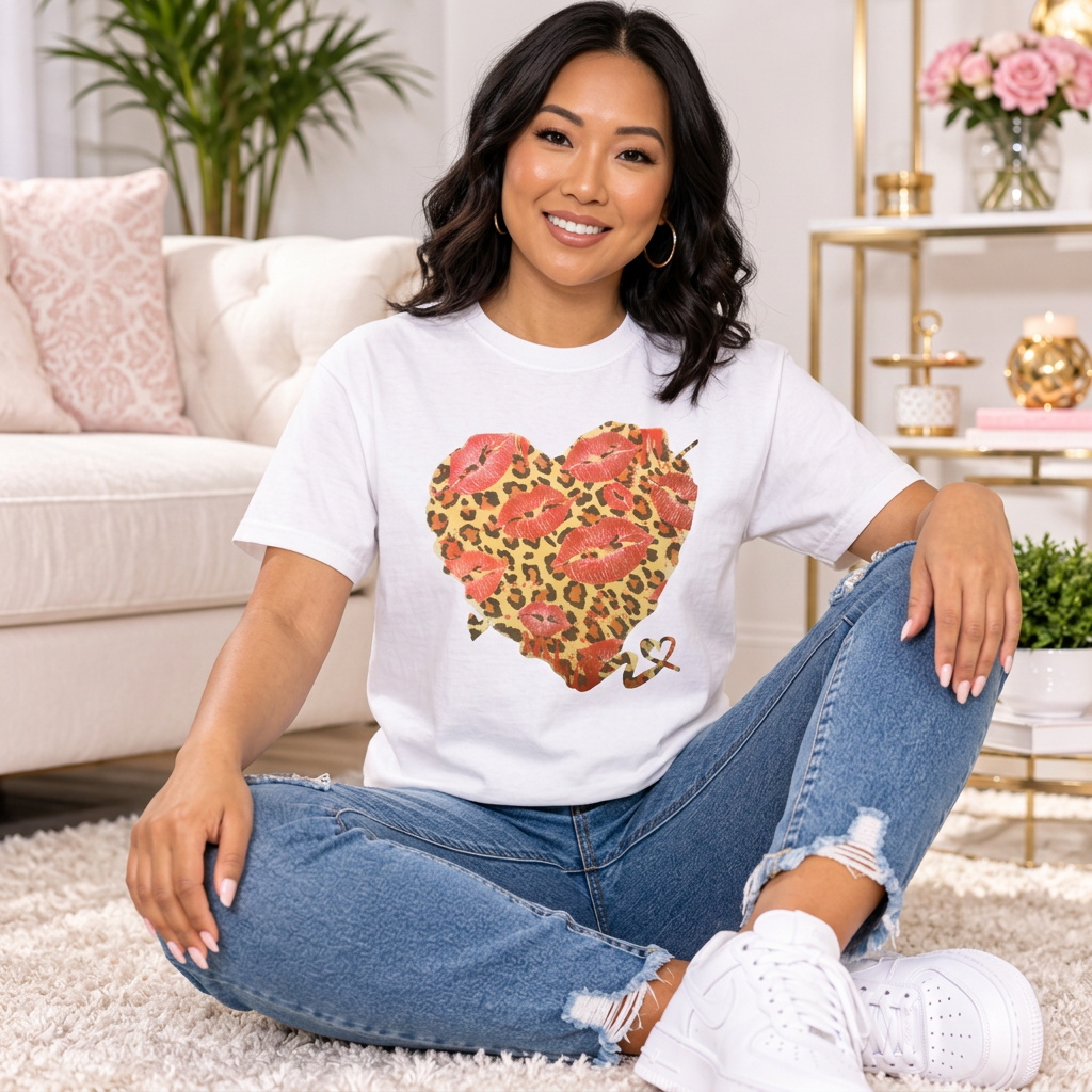 Seated model wearing a Kisses leopard heart graphic T-shirt with jeans and white sneakers