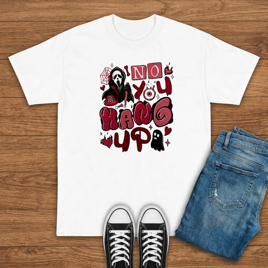 White No You Hang Up spooky graphic T-shirt flat lay on brown wood with jeans and black sneakers