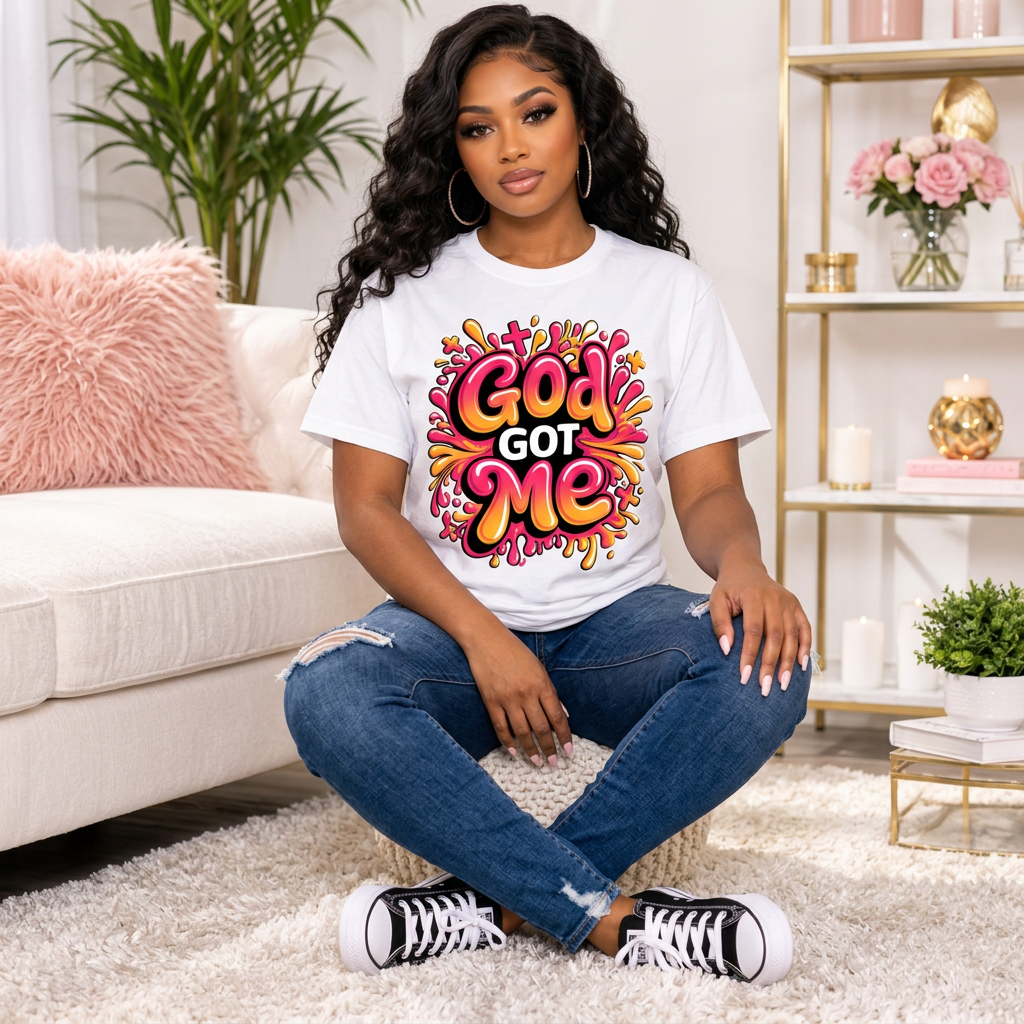 Seated model wearing white God Got Me graphic T-shirt with jeans and black sneakers in an ivory and blush room