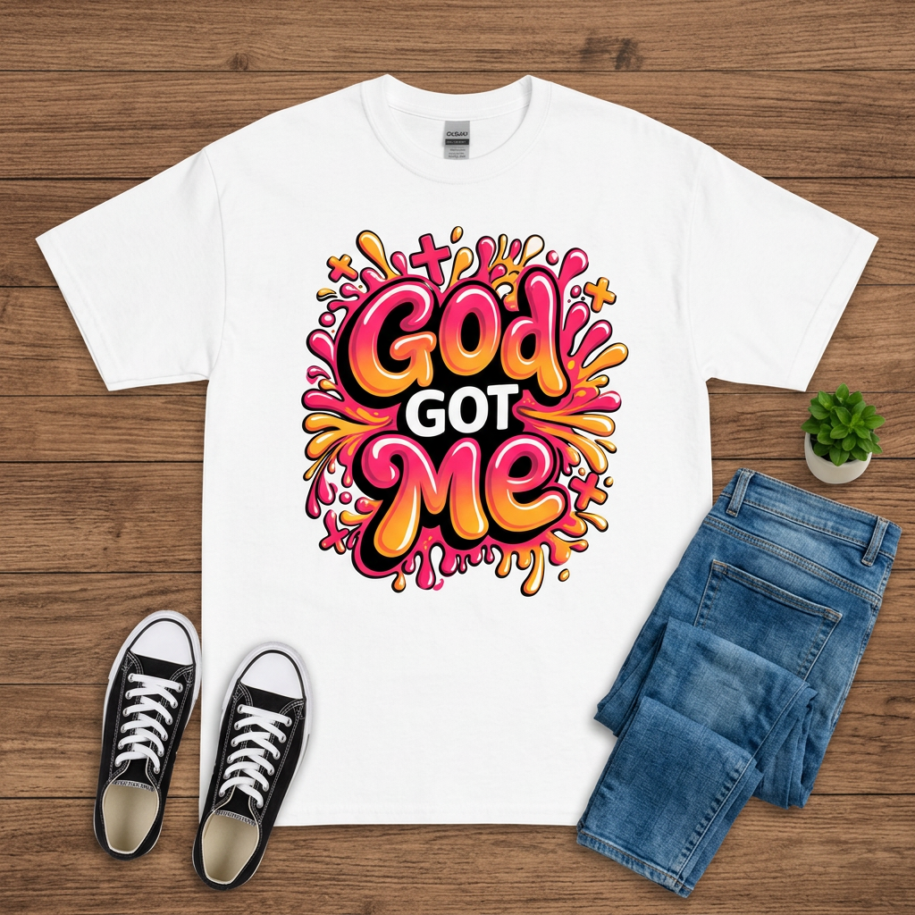White God Got Me colorful faith T-shirt flat lay on brown wood with jeans and black sneakers