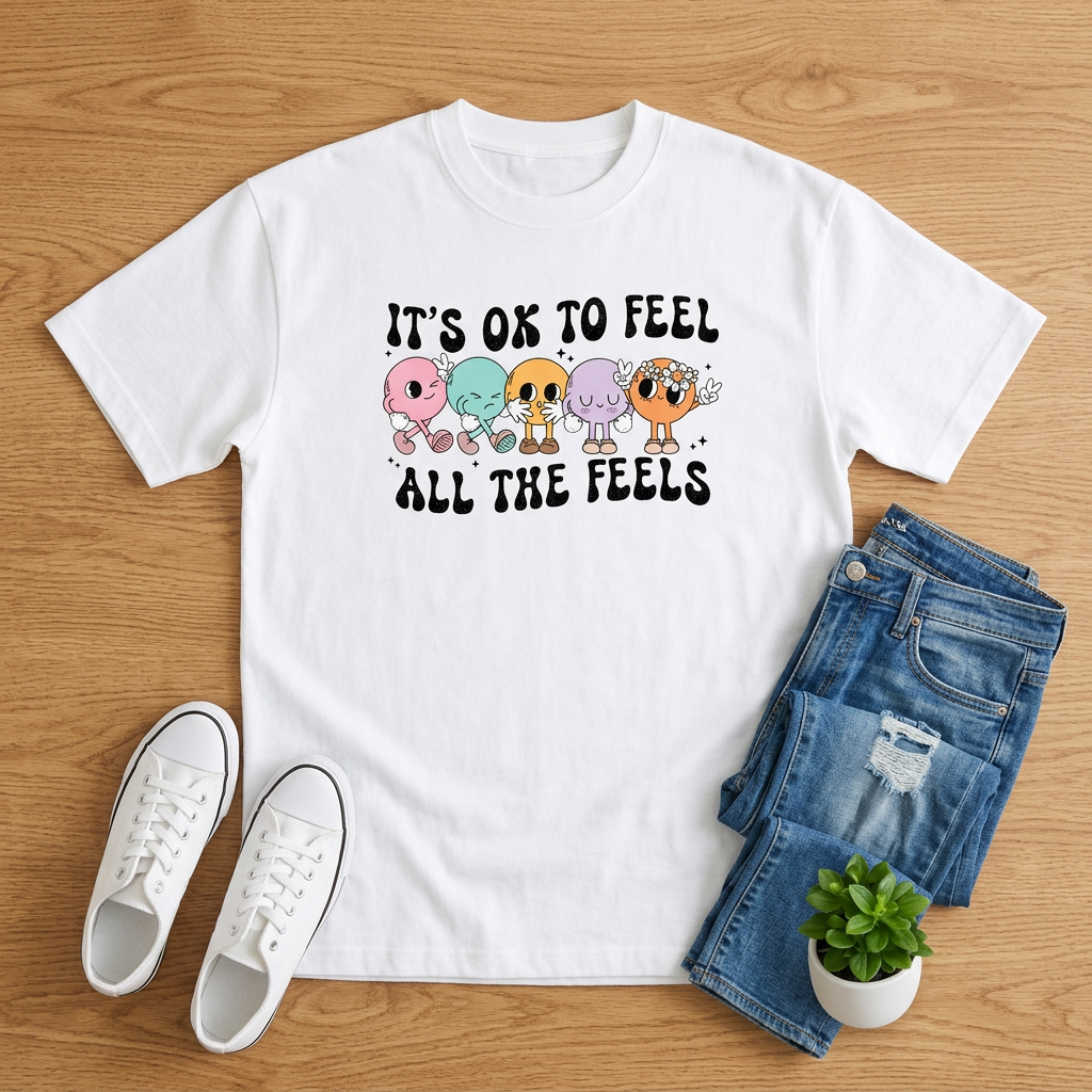 White All the Feels pastel skeleton T-shirt with jeans and white sneakers on brown wood