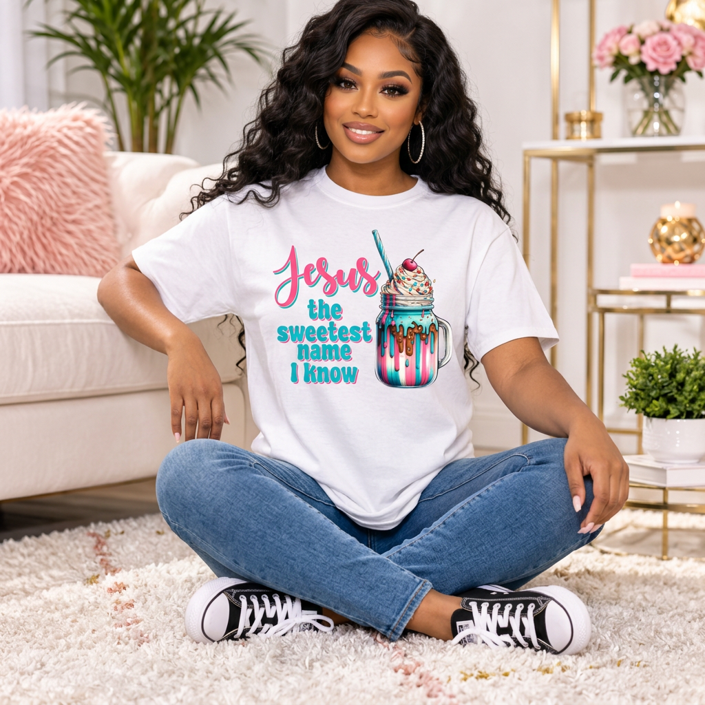 Seated model wearing white Jesus the Sweetest Name I Know T-shirt with jeans and black sneakers