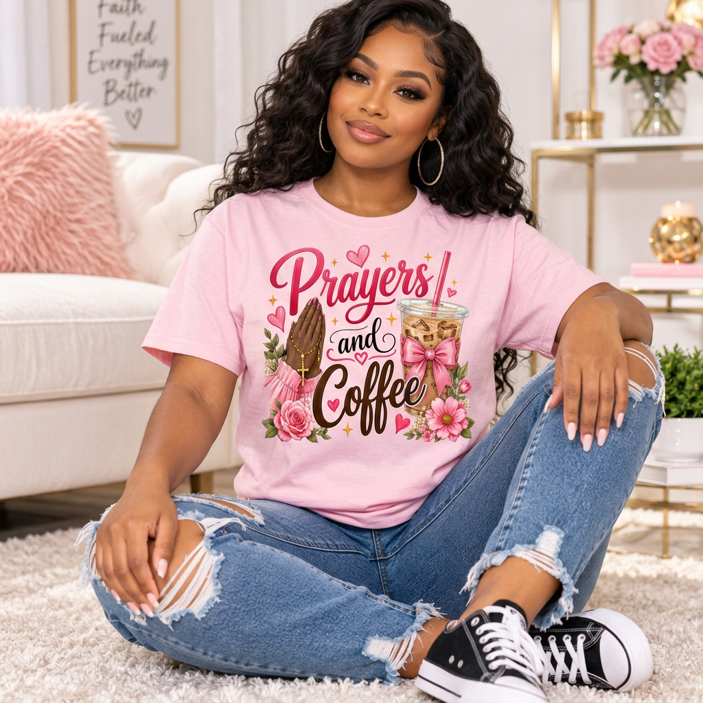 Seated model wearing pink Prayers and Coffee graphic T-shirt with jeans and black sneakers in an ivory and blush room