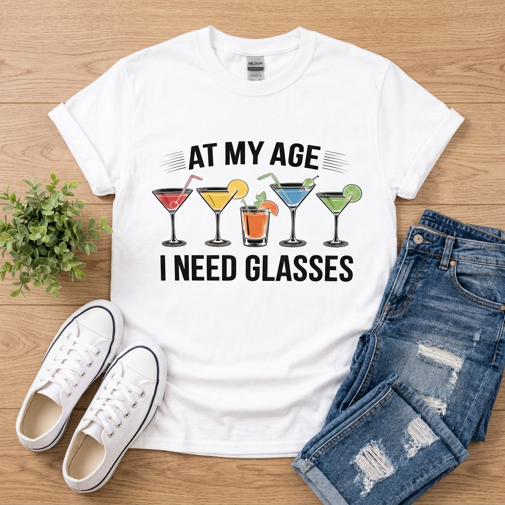 White At My Age I Need Glasses cocktail graphic T-shirt lying flat on brown wood with jeans and white sneakers