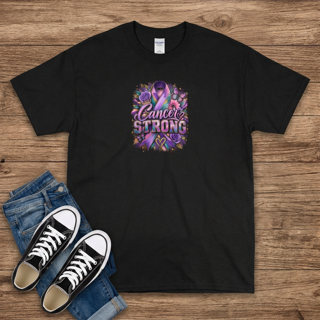 Black Cancer Strong T-shirt with smaller centered chest print on brown wood with jeans and black sneakers