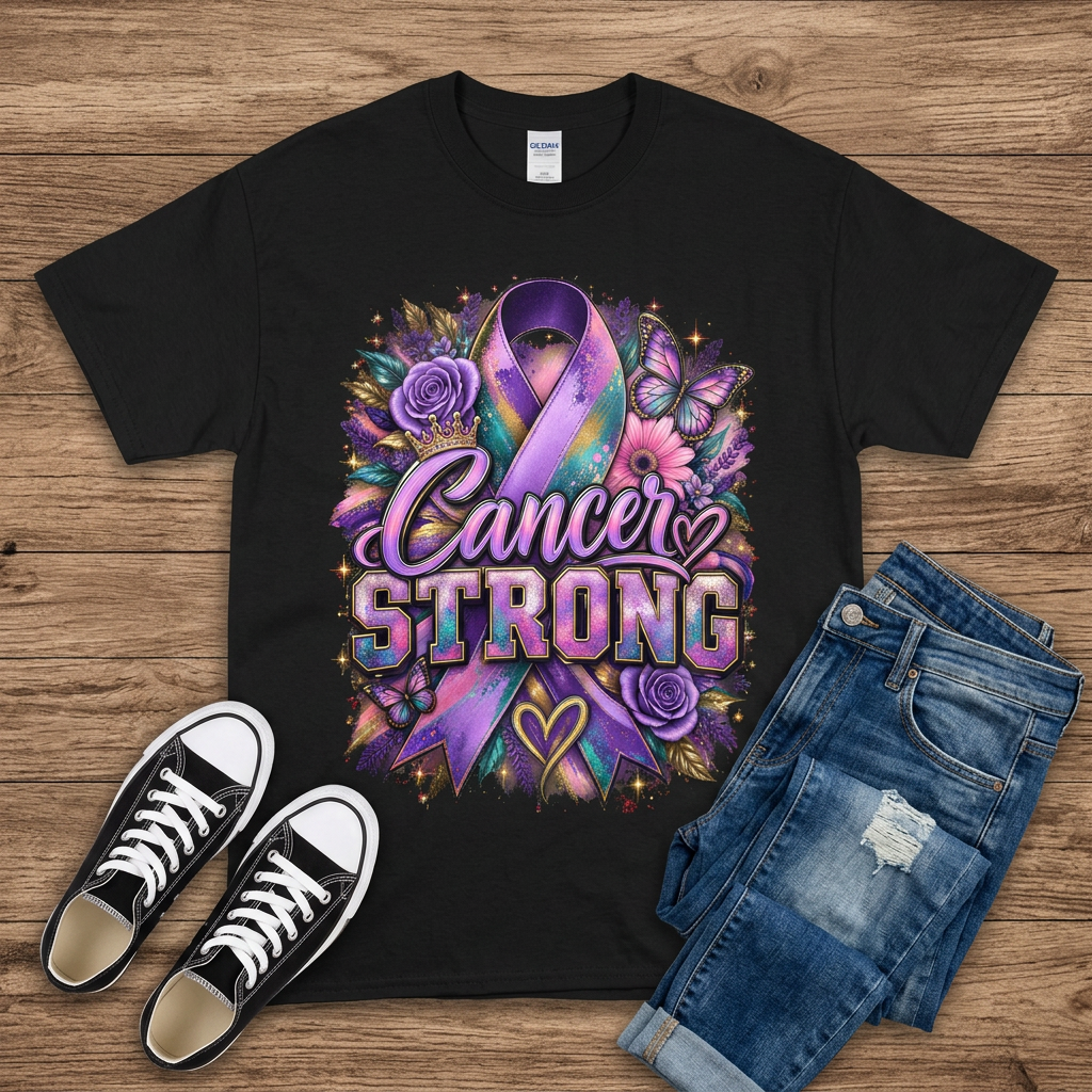Black Cancer Strong purple ribbon and butterfly T-shirt flat lay on brown wood with jeans and black sneakers