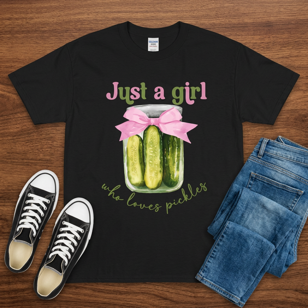 Black Just a Girl Who Loves Pickles T-shirt with pink bow pickle-jar graphic on brown wood with jeans and black sneakers